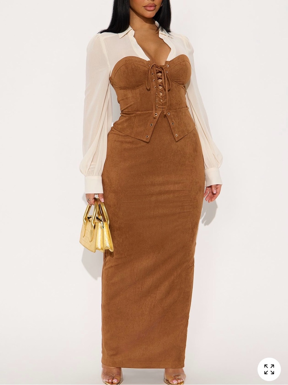 Fashion Nova Suede-Look Lace-Up Bustier Maxi Dress in Brown